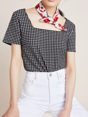 Anthropologie Blue Tassel Black and White Check Square-Neck Top Size XL